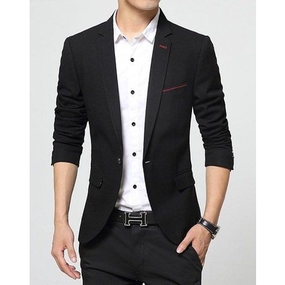 SEMI BLAZER FORMAL PRIA TWIST BLACK XIMON LIST MERAH DI SAKU SINGLE BUTTON SLIMFIT ORIGINAL NIKAYU (S,ML,XL) COD + REE ONGKIR