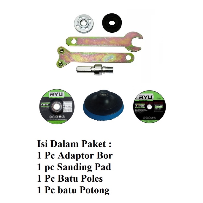 Paket Adaptor bor Ke Gerinda + Mata Potong + Mata Poles Sanding Pad 4 Inch