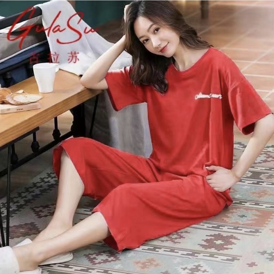 BAJU TIDUR WANITA KAOS KATUN IMPORT POLOS SETELAN CELANA 7/8 SELUTUT