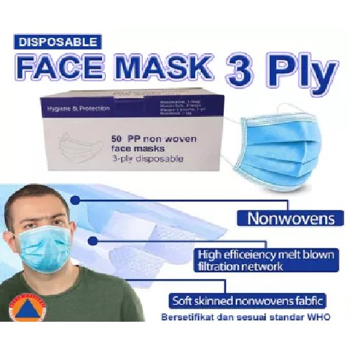 Masker 3Play Earloop Face Mask Non Woven Disposable Per Box Isi 50 Lembar Bukan Masker Sensi