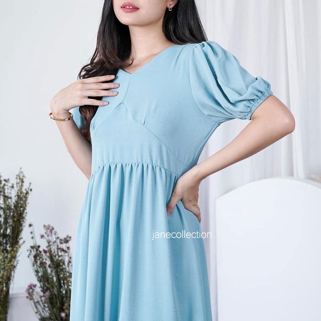 JANE COLLECTION || Midi Dress Wanita Hitam Lengan Balon Ada Karet Panjang Selutut V Neck XL Mila Layer Dress Putih Sage Green Biru Pink