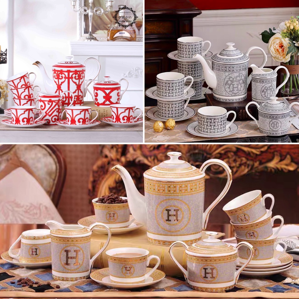 Set Cangkir 15 Pcs Royal H Mosaik / Abu / Merah Putih Ada Logo Teko Kopi Teh Keramik Mewah Tableware