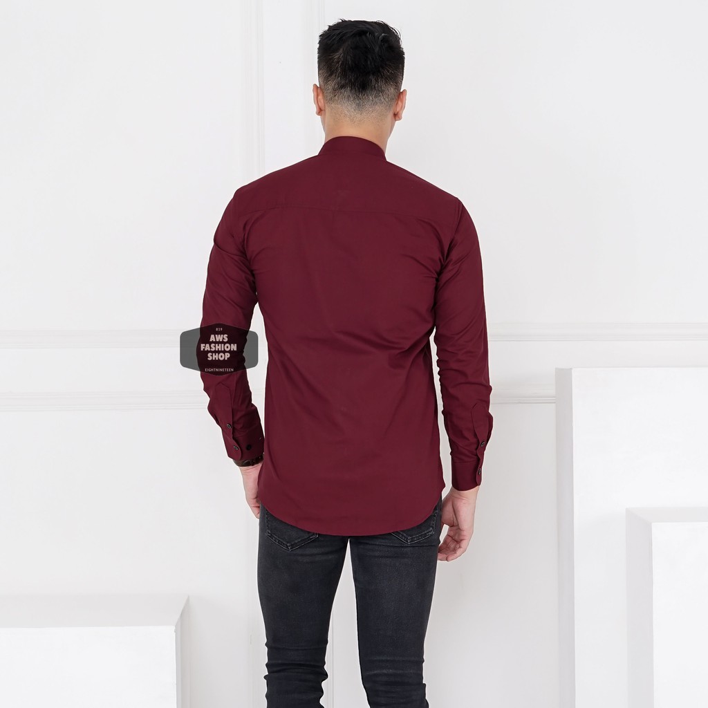 Baju Hem Kemeja Lengan Panjang Pria Merah Maroon Red Kerah Shanghai Polos Slimfit Casual 3305