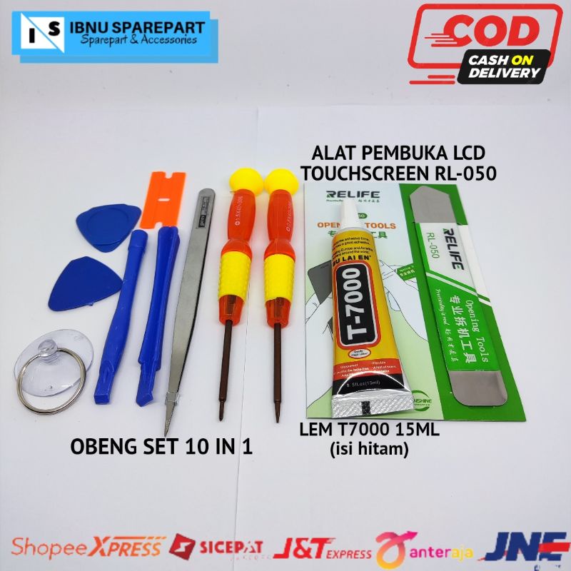 OBENG SET 10 IN 1 + LEM T7000 15ML + PEMBUKA LCD TOUCHSCREEN RL-050 OPENING TOOLS SERVIS HP