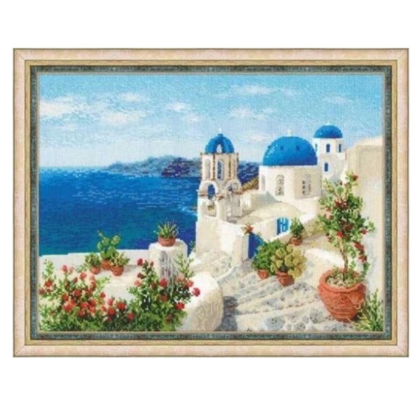 Paket Kristik Santorini Blue Dome Panorama Greece Yunani [ Sulam Strimin Pola Kain Cross Stitch DIY 