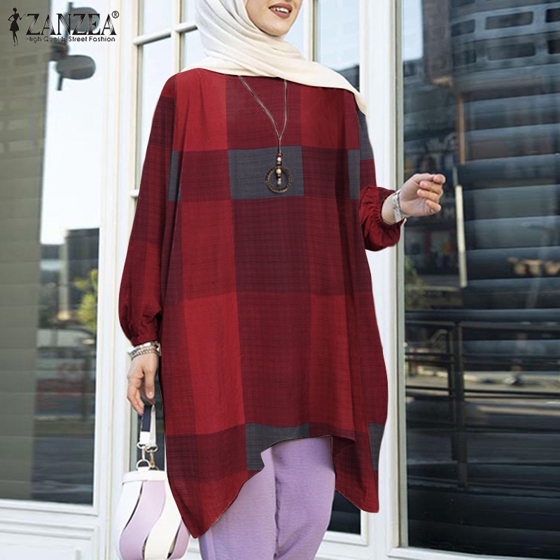 ZANZEA Women Grid Printed Muslim Casual Vintage Loose Full Sleeve Blouse