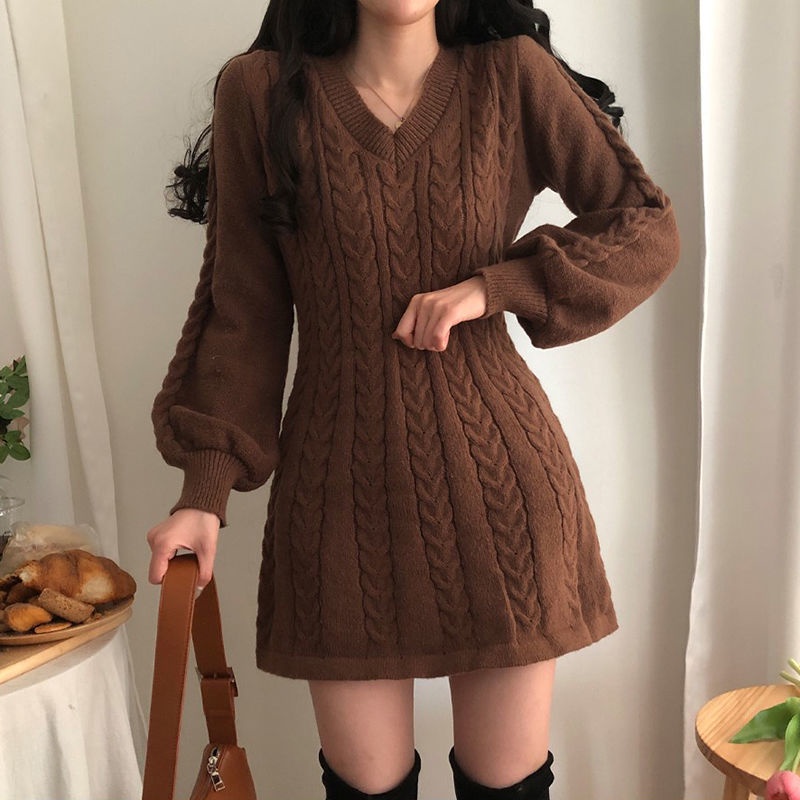 BIIKPIIK Amerika retro pola rami jalan v-neck sweater rok wanita musim gugur dan musim dingin pingga