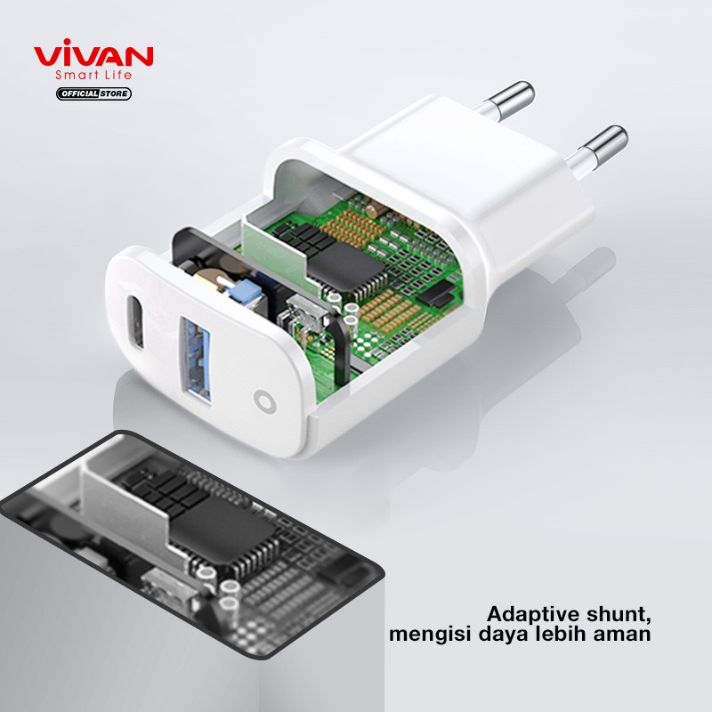 Charger VIVAN Power Super Fast Charging Dual Port USB (QC3.0) &amp; Type-C (PD) 3A 18W Garansi 1 Tahun