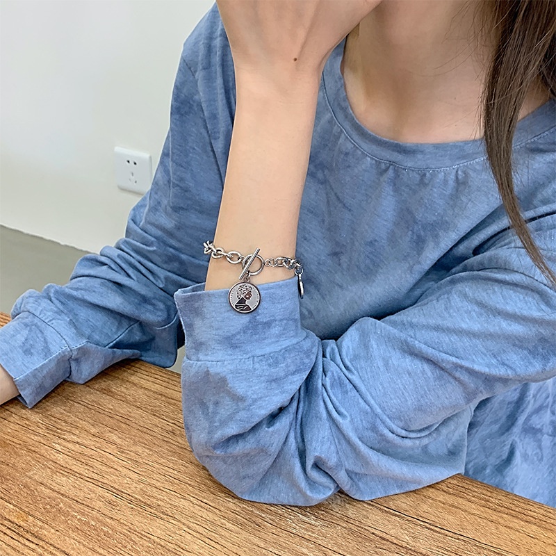 Titanium baja double-layer koin gelang wanita online influencer in dingin gaya hip hop pasang keren