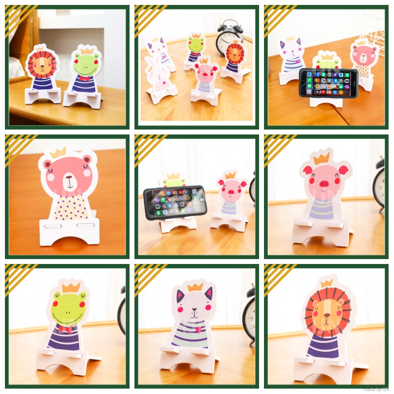 Stand Holder Handphone / Tablet Desain Kartun Hewan Bahan Kayu COD Murah