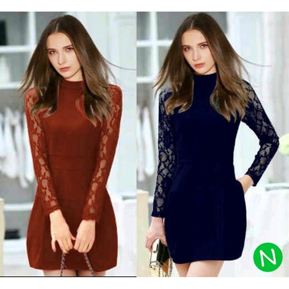 cn 45614 dress livia dress spandek mix brukat bata navi terusan sexy wanita murah cewek gaul gaun p