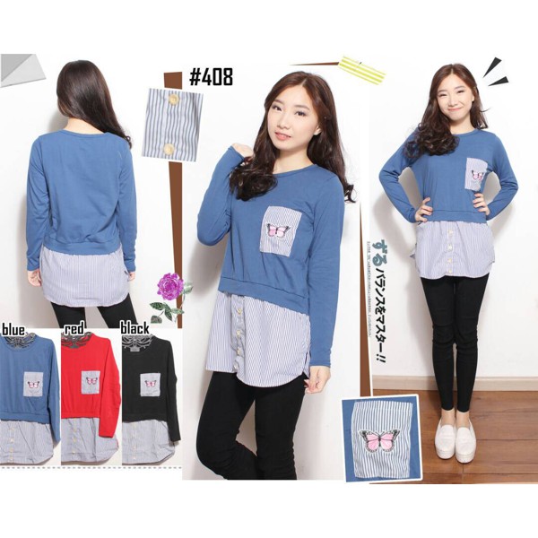 Kaos Lengan Panjang Saku Wanita Dewasa Import Baju Perempuan 408 PROMO