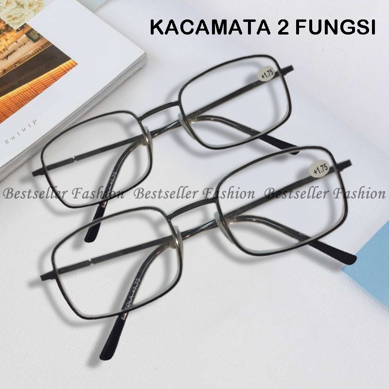 Kacamata Baca Plus 2 fungsi baca dan jalan uk +1.00 s.d +3.00 pria wanita kacamata plus frame metal kotak hitam kaca mata rabun dekat eyeglasses unisex kacamata dobel fokus