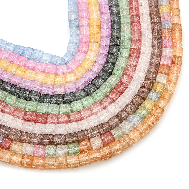 59pcs / 38cm 6mm 11 Warna Manik-Manik Kubus Kaca Retak Untuk Membuat Perhiasan Anting Gelang Wanita Diy