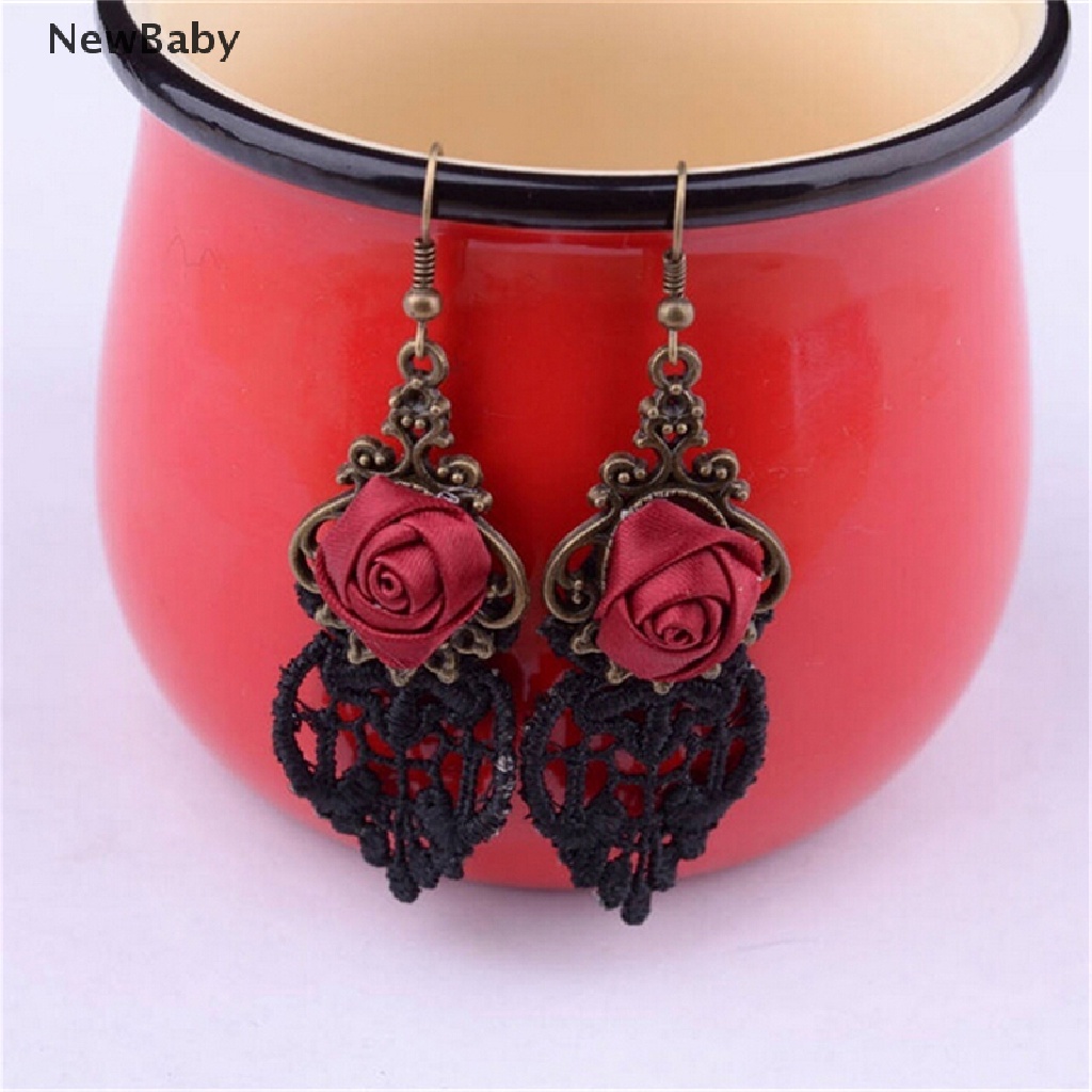 Newbaby 1pc Anting Gantung Panjang Kait Gaya Gothic Victoria Retro Vintage Aksen Lace Untuk Wanita