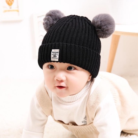 Topi Kupluk dan Rajut Bayi Anak Laki-laki Perempuan Wol Hangat Lembut dengan Hiasan Bola Pom-pom