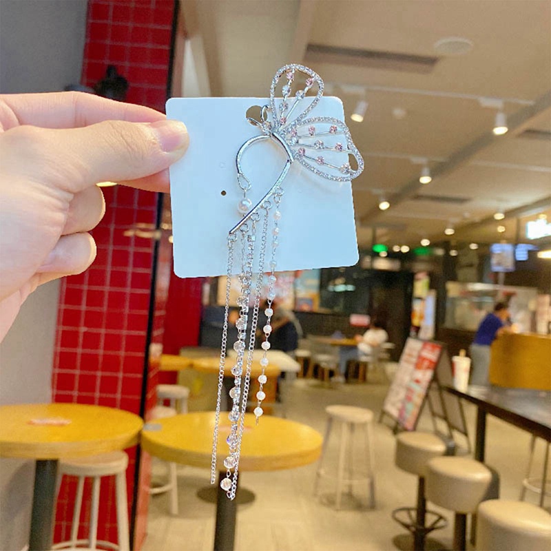 Fancyqube Anting Kait Rantai Panjang Tanpa Tindik Desain Kupu-Kupu Aksen Mutiara Untuk Perhiasan Wanita