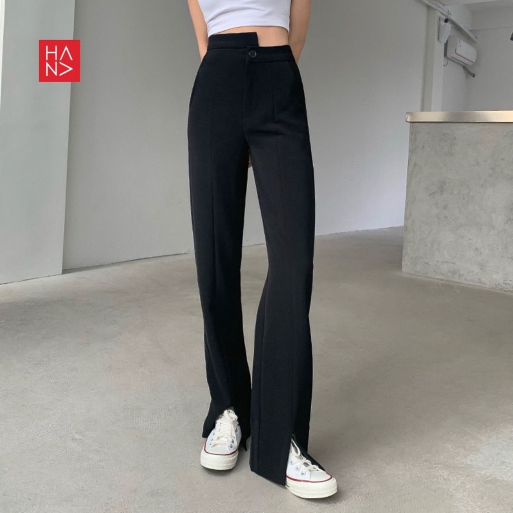 Hana Fashion - Yuri Irregular Button Highwaist Slit Pants Celana Panjang Wanita - LP139