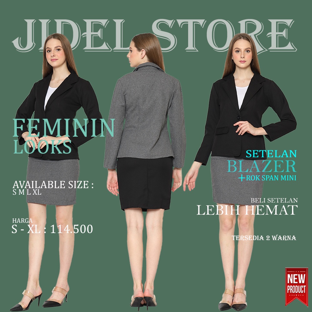 Setelan Blazer Formal Dan Rok Mini 3/4 Hitam Dan Abu Blezer Wanita Satu One Set Bahan Gabardine