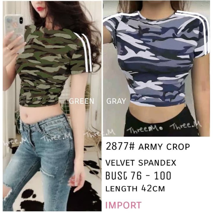 TRENDY  Pakaian atasan ibu wanita blouse set BAJU ATASAN CROP TOP MOTIF ARMY LORENG LORENG - green