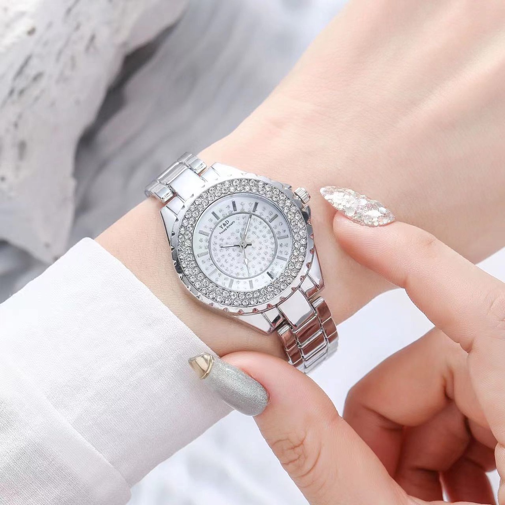 Rowling (Jam-29) Jam Tangan Wanita Bulat Kecil Young Dinasty Stainless Jam Tangan Wanita Diamond dengan Strap Stainless Steel Import