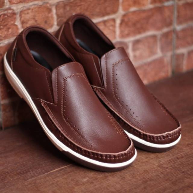 ENOZ X SONIC - Sepatu Slop Kulit asli coklat Casual Formal Kerja Sapatu Pria Slip On Bloes Pansus Original Modis keren flip flop sol flat