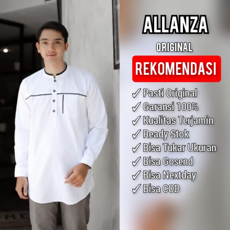 ALANZA MUSLIM ORIGINAL Koko kurta baju muslim pria lengan panjang warna white black neck artSTAM05