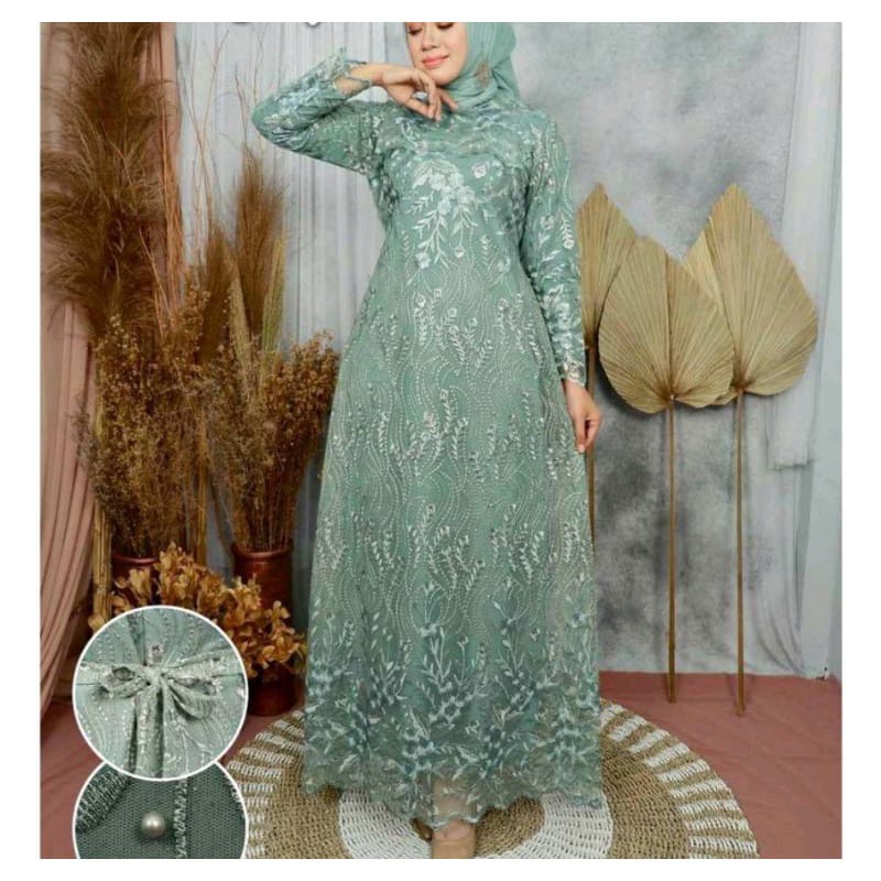 Gamis Dewasa Brukat Kebaya Tile Maxy Dress Wanita Muslim Brukat / Jumbo LD 90-120 Cm Premium