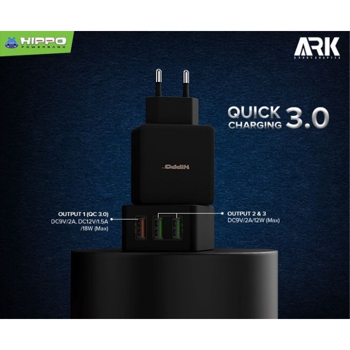 Hippo Adaptor ARK 3 30W Quick Fast Charging 3.0 Travel Adapter Kepala Casan Colokan Charger Rumah type C QC 3 Port Output USB A USB C