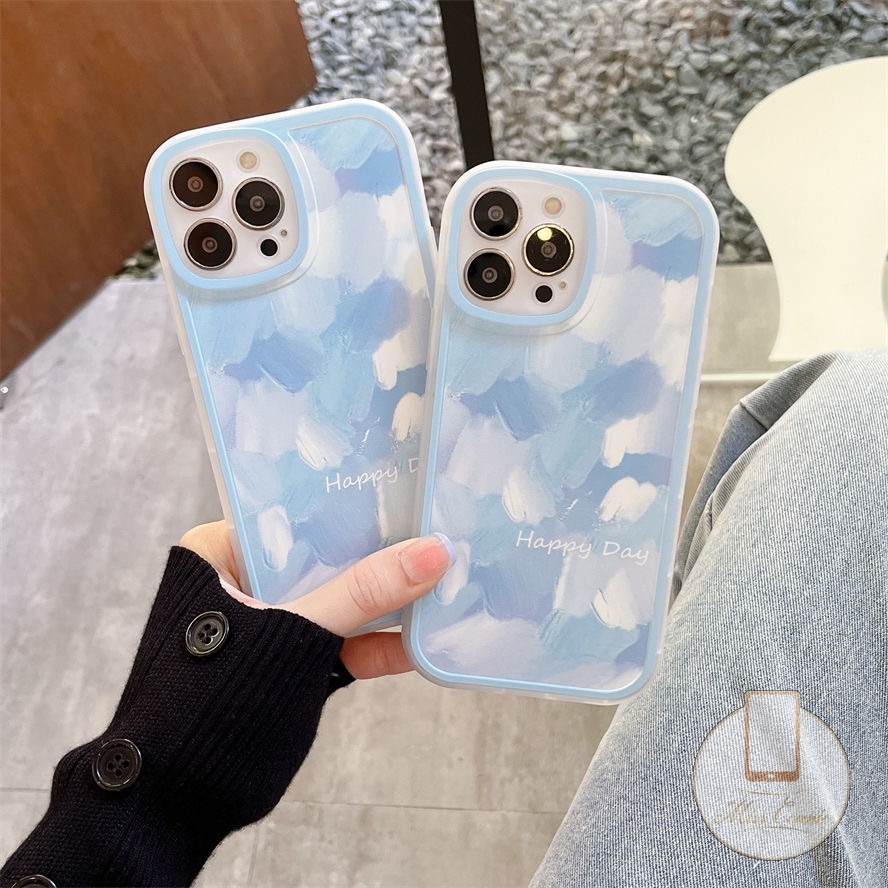 IPHONE Lukisan Tinta Sederhana Shockproof Case Kompatibel Untuk Iphone11 13 12 14 Pro MAX XR X XS MAX 8 7Plus 8Plus 6 6S Plus SE 2020biru Bulat Pelindung Lensa Anti Jatuh Lembut TPU Penutup Belakang