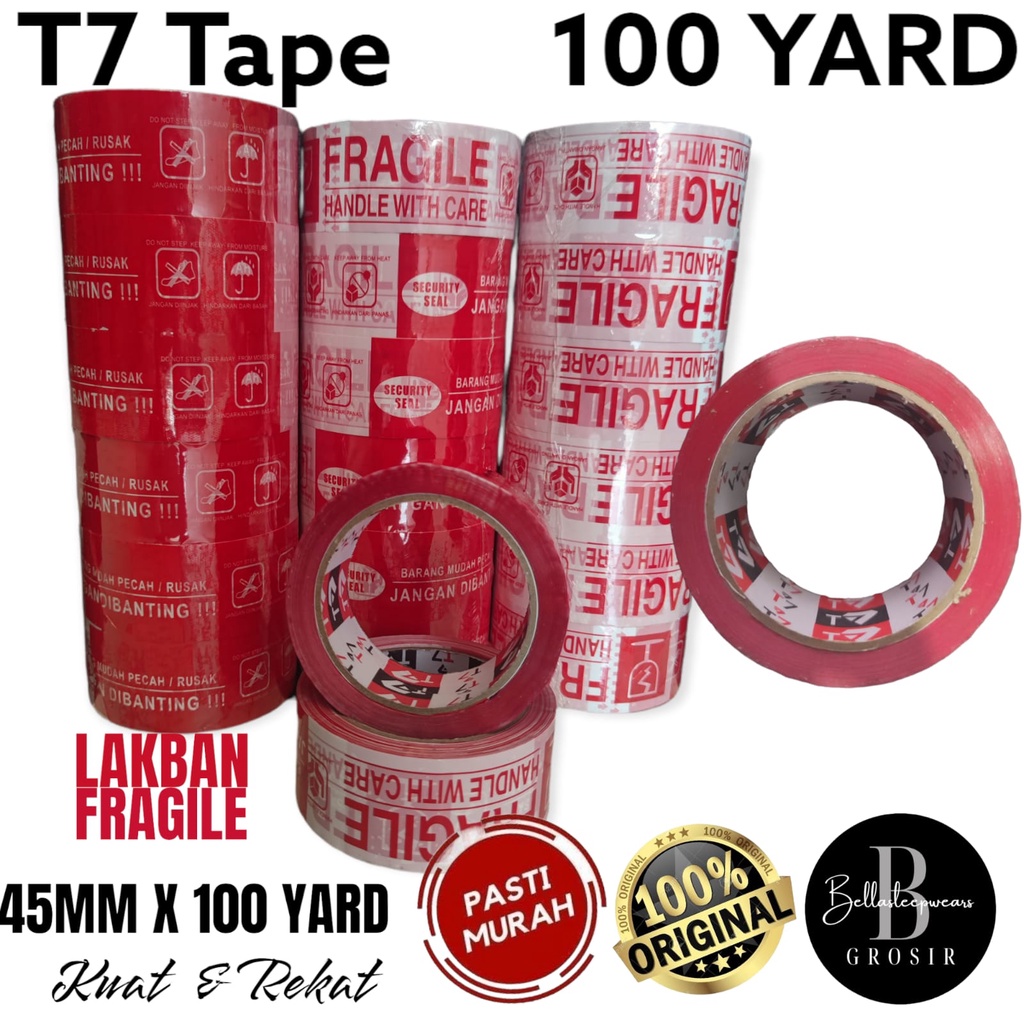 45 MM X 100 YARD - MURAH - LAKBAN T7 TAPE MERAH FRAGILE / UNBOXING ISOLASI / PLAKBAN / SELOTIP PEREKAT ROLL