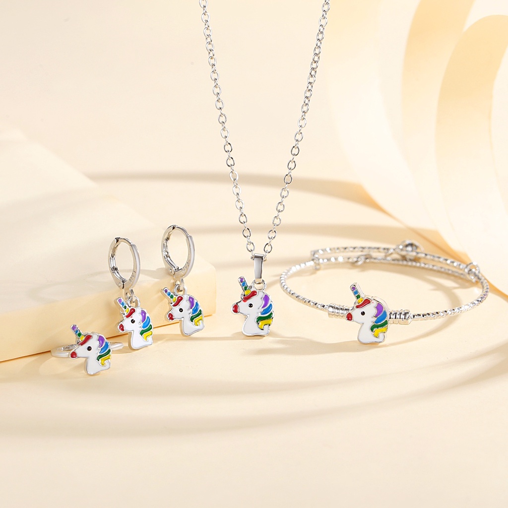 Y667【Barang spot】Jewelry 5pcs Unicorn Kalung Set Anak Titanium Anti Karat Asli Perak Set Anting-Anting Berlapis Emas Gelang Gadis Lucu Unicorn Hadiah Ulang Tahun Set Perhiasan
