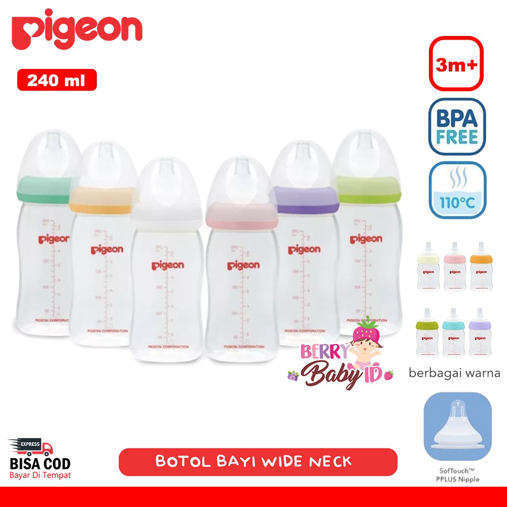 Pigeon Botol Susu Bayi Wide Neck Soft Touch Peristaltic Plus 240ml 3m+ Berry Mart