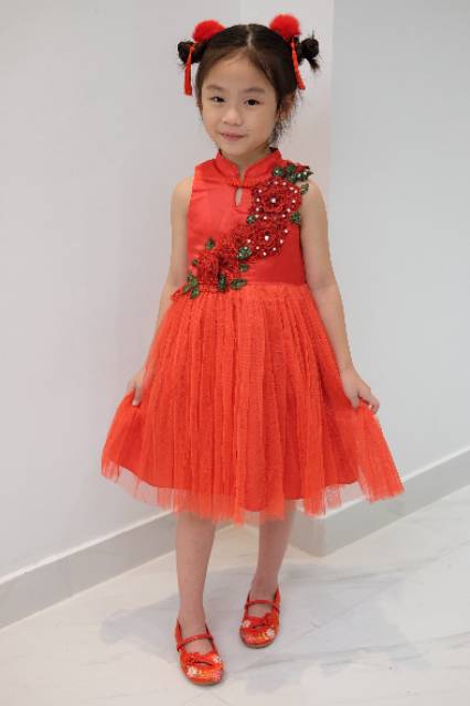 Cheongsam Merah Anak Perempuan Tutu Rosse Motek