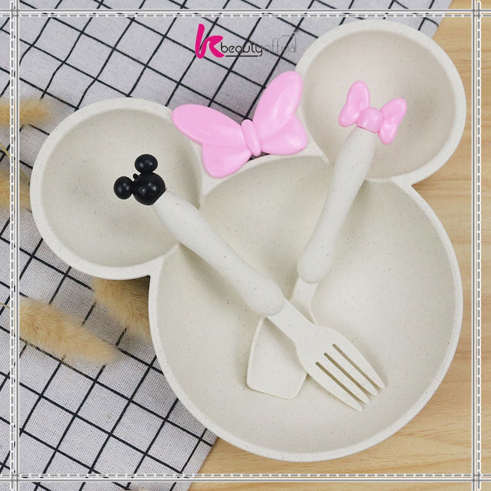 KB-C373 Piring Makan Anak Karakter Miki Set Sendok Garpu / Mangkok Makan Wheat Straw / Tempat Makan Anak Set / Mangkuk Makan Bayi Bahan Jerami Gandum-CREAM