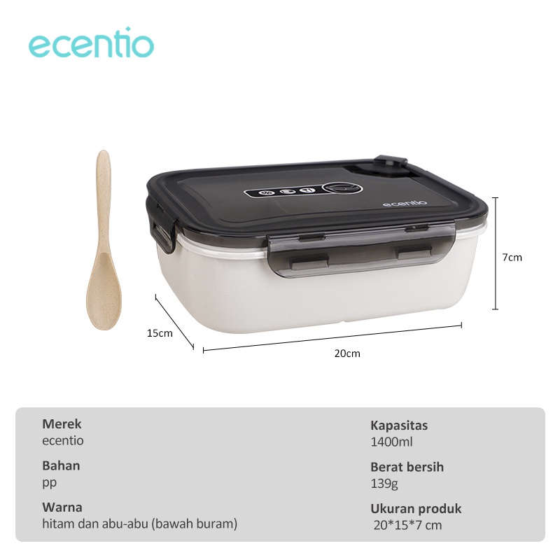 ecentio 1.3L tempat makanan kotak bekal makan dengan free sendok 3 grid lunch box BPA free misting tempat makan