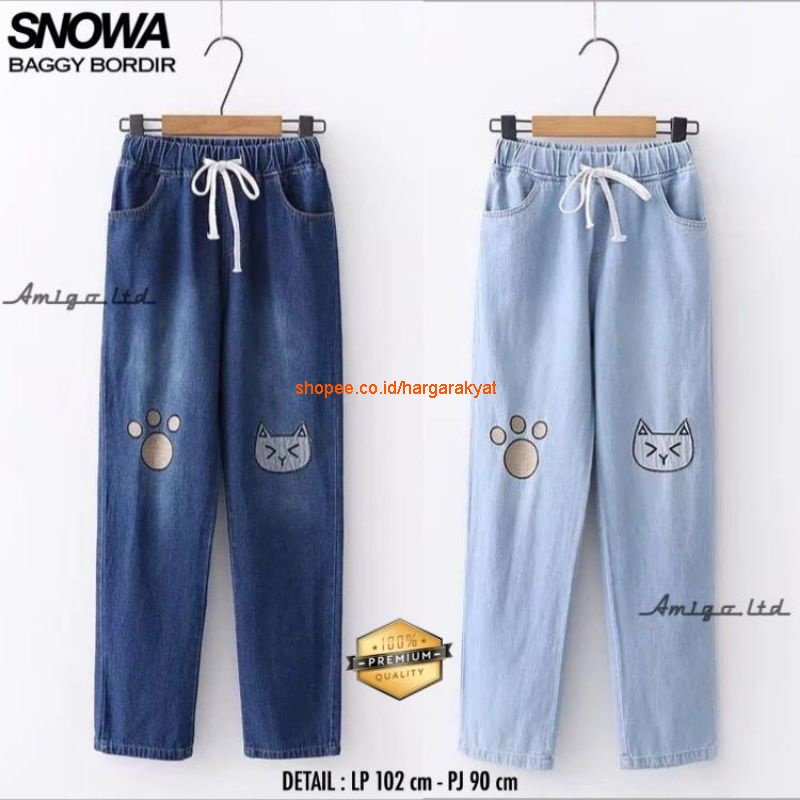 MIAW SNOWA BAGGY JEANS BORDIR KUCING | Celana Jeans Wanita Terbaru Motif Casual Kekinian