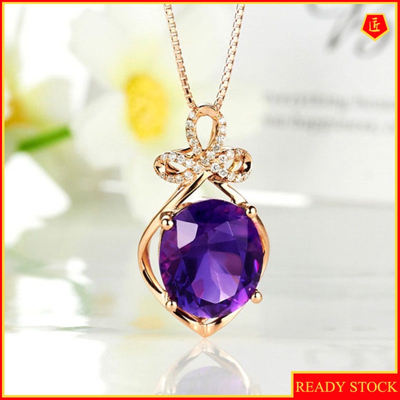 [Ready Stock]Fashion Inlaid Amethyst Pendant Rose Gold Gemstone Necklace