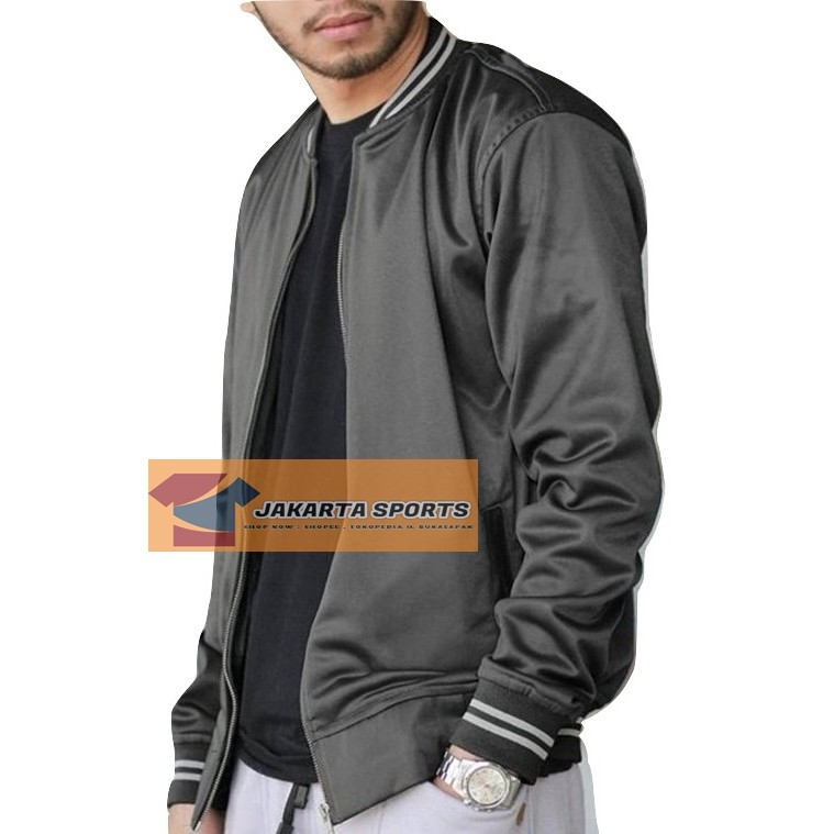 JAKET BASEBALL FULL ABU TUA RIB PUTIH ZIPPER VARSITY MURAH PRIA WANITA
