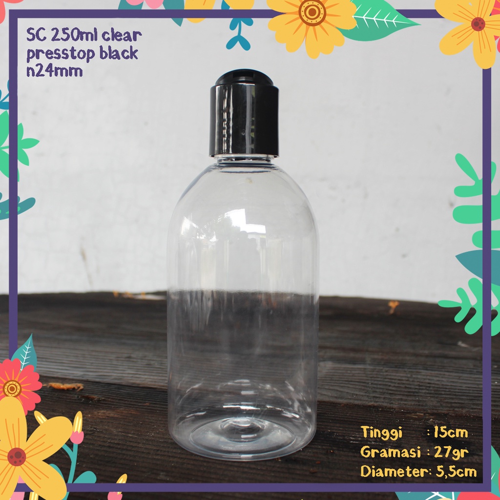 BOTOL PLASTIK SC 250ML OVAL TUTUP PRESSTOP PRESS ON DISCTOP TEKAN HITAM PET IMPORT KEMASAN HANDSANIT