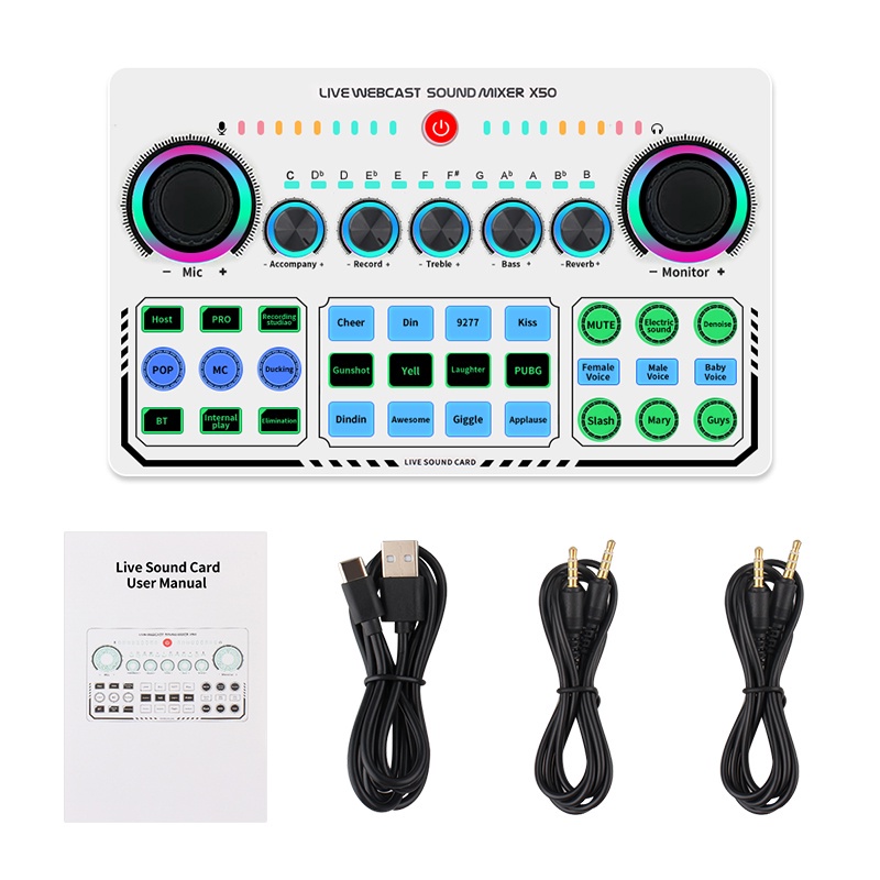 bonkyo X50 SoundCard  6 Modes RGB LED Wireless Bluetooth-compatible External DJ Mixer Noise Reduction for Live Streaming Broadcasting