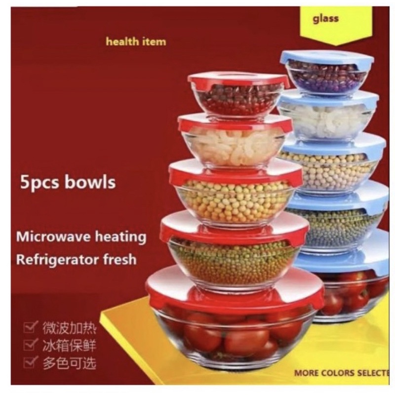 mangkok kaca 1 set isi 5pcs / mangkok tutup kedap udara