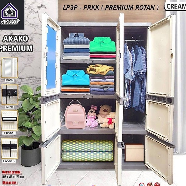 JUMBO LEMARI PLASTIK AKAKO FULL KUNCI ELEGANT 3 PINTU KACA LP3EP PREMIUM LEMARI GANTUNG KACA