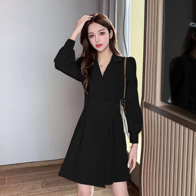 Suit collar long sleeve dress women's 2021 spring and autumn new small Korean design sense windbreak