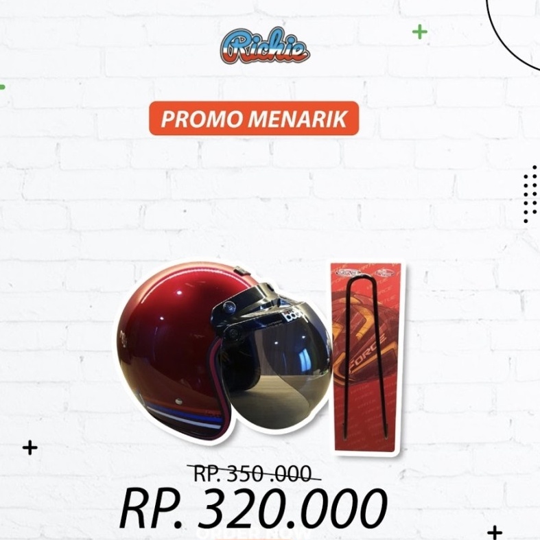 Paket Helm Bogo Retro Force Kaca Bogo Original Red Glos + Rak Helm Red