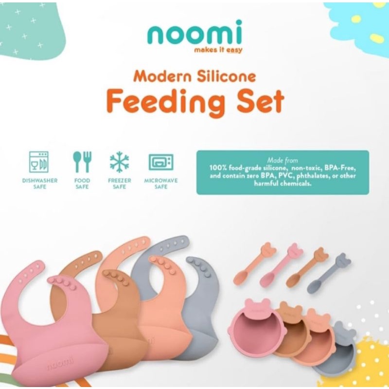 Noomi silicone feeding set peralatan makan komplit + bib slaber silikon