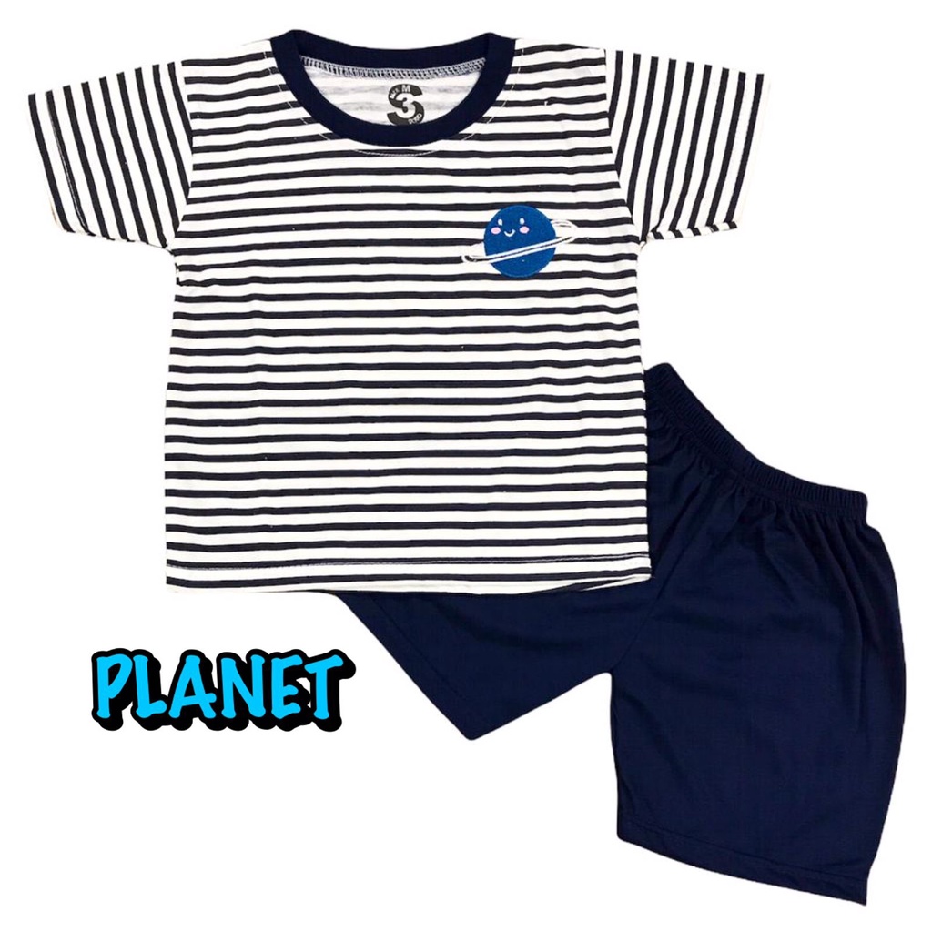 3S YEYA - BAJU SETELAN PENDEK FASHION ATASAN CELANA OBLONG ANAK LAKI-LAKI/COWOK BAHAN KAOS KATUN BORDIR SALUR PLANET/LUAR ANGKASA