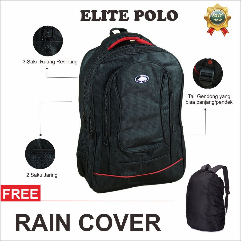 PROMO Tas Punggung Elite Polo Hitam Model Lengkung Ransel Laptop Anak Sekolah Kuliah