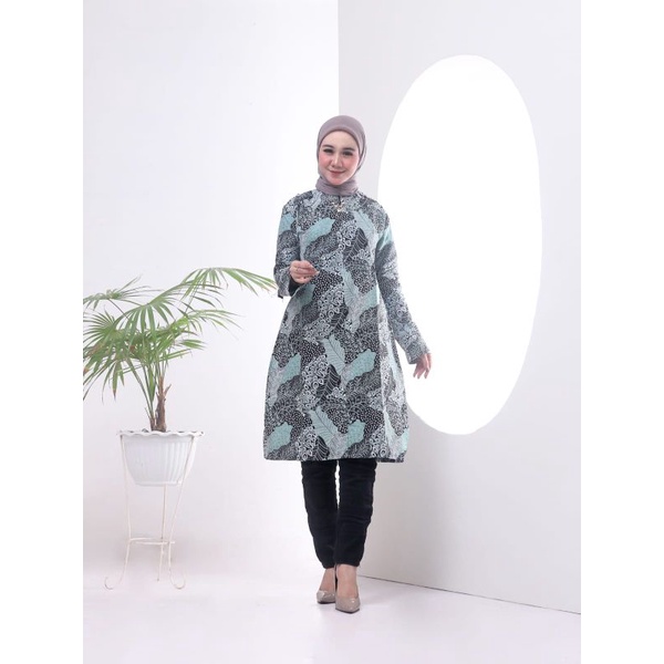 Tunik Batik Wanita Moderen Warna Ijo Mint Resliting Depan