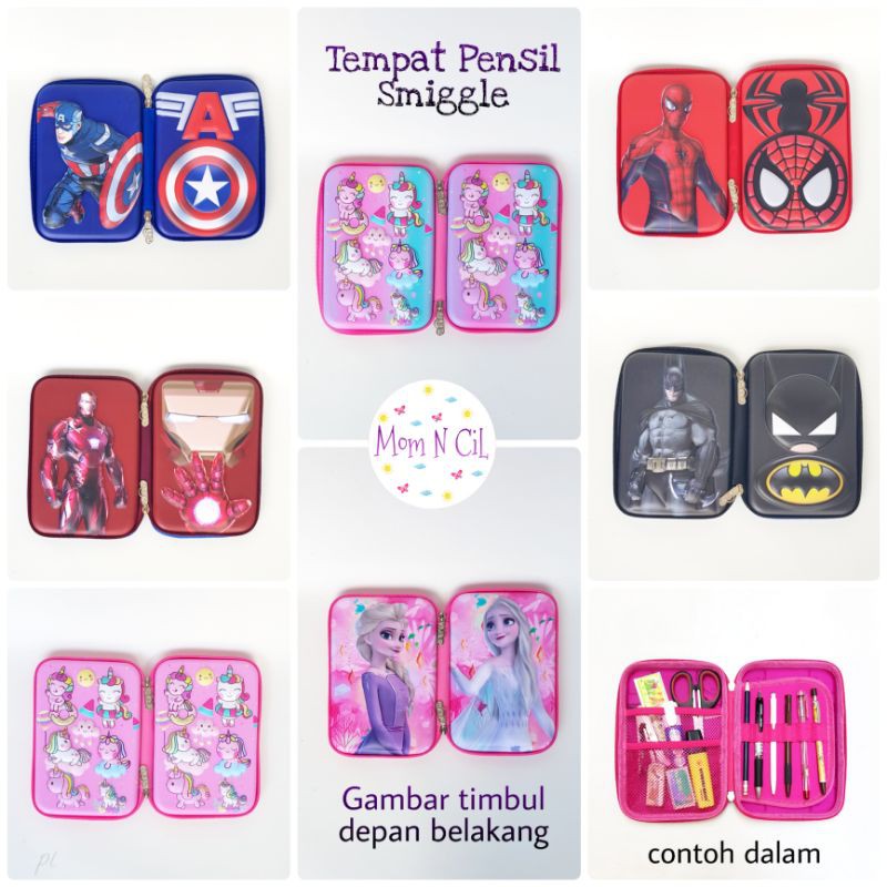 

Tempat Pensil Organizer Pouch Smiggle Unicorn Frozen Spiderman Ironman Avengers 2 Sisi Emboss 6D